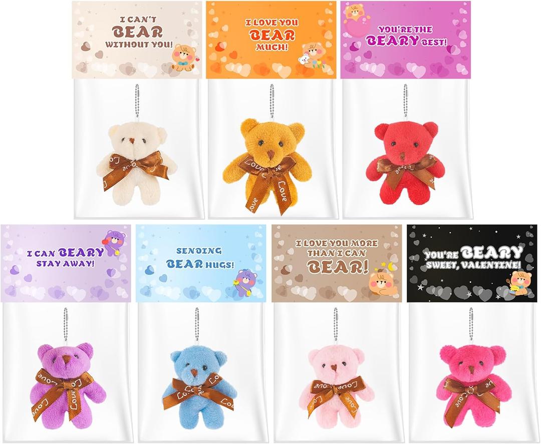 28 Packs Valentine's Day Cards for Kids School with Mini Plush Bear Keychain, Valentines Gift for Kids Classroom Valentines Gifts Valentine's Cards Party Favors