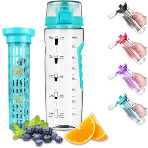 Opard Water Bottle with Time Marker, 30 oz Sports BPA Free Plastic Reusable Fruit Infuser Water Bottles with Handle, Leak Proof Flip Top Lid, Infusion Rod, Cleaning Brush and Recipe (Cyan)