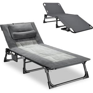 Mopaicot Folding Camping Cot for Adults, Adjustable 4-Position Reclining Chair with Mattress and Pillow, Lounge Chair Camp Cots Bed for Sleeping, Travel, Garden, Pool, or Office Nap (Gray)
