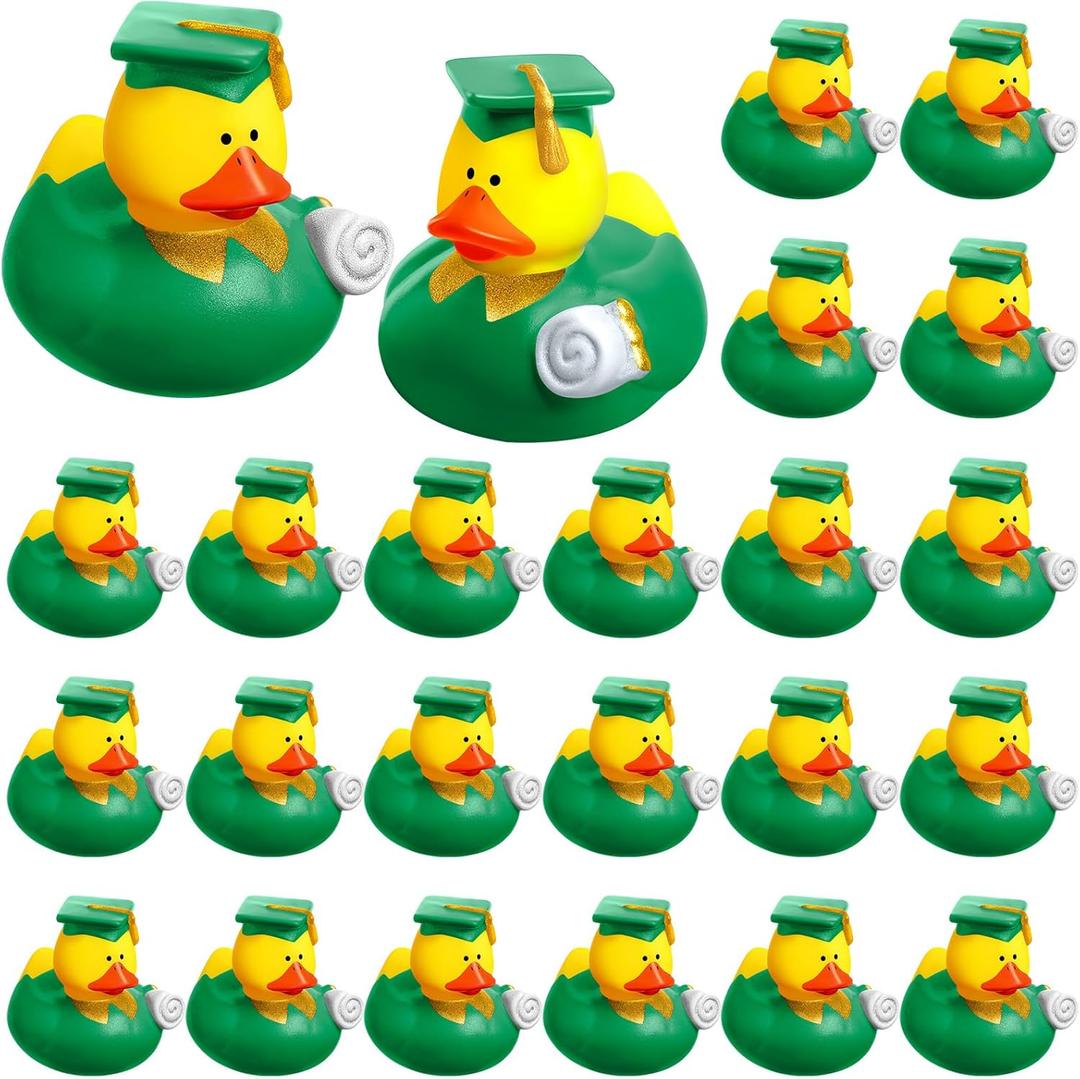 Sratte 10 Pcs Green Graduation Rubber Ducks 2025 Grad Silicone Duck Bulk Graduation Small Rubber Animal Gift Cake Topper for Teacher Graduation Party Favors Supplies