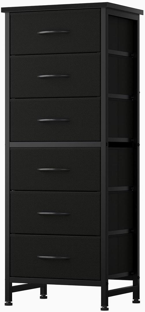 Sweetcrispy Tall Fabric Dresser for Bedroom, 6 Drawer Skinny Chest of Drawers, Narrow Storage Tower with Wood Top and Metal Frame, Vertical Nightstand for Closet, Bedroom Organization Furniture, Black