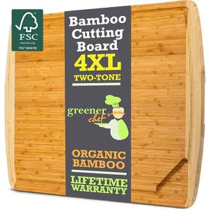 FSC Certified 36 x 24 Inch Extra Large Bamboo Cutting Board with Lifetime Replacements  4XL Butcher Block, Oversized Carving & Charcuterie Board, Stovetop Cover for Kitchen Counter Space (Two-Tone)