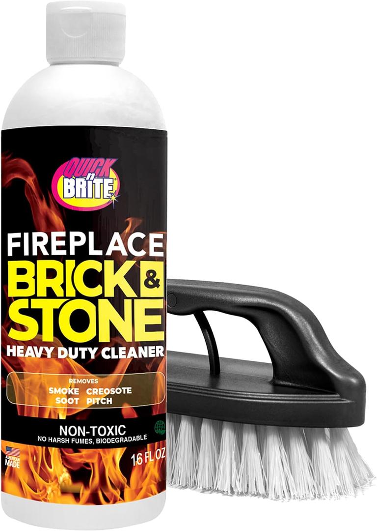Quick N Brite Fireplace Gel Cleaner with Scrub Brush for Brick, Stone, Rock, Tile, and Marble, Nonabrasive Fireplace Cleaner, Made in the USA, 16 oz