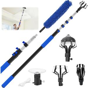 28FT Reach Light Bulb 5-20FT Telescopic Extension Pole Light Bulb Changer for High Ceilings with Feather Duster, Baskets and Suction Cups for Recessed Lights and High Ceilings