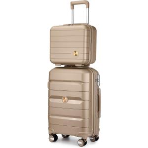 Somago 20" Carry On Luggage and 14" Mini Cosmetic Cases Travel Set Lightweight Polypropylene Suitcase with TSA Lock YKK Zipper Hardside Luggage with Spinner Wheels (2 Piece Set, Noble Golden)
