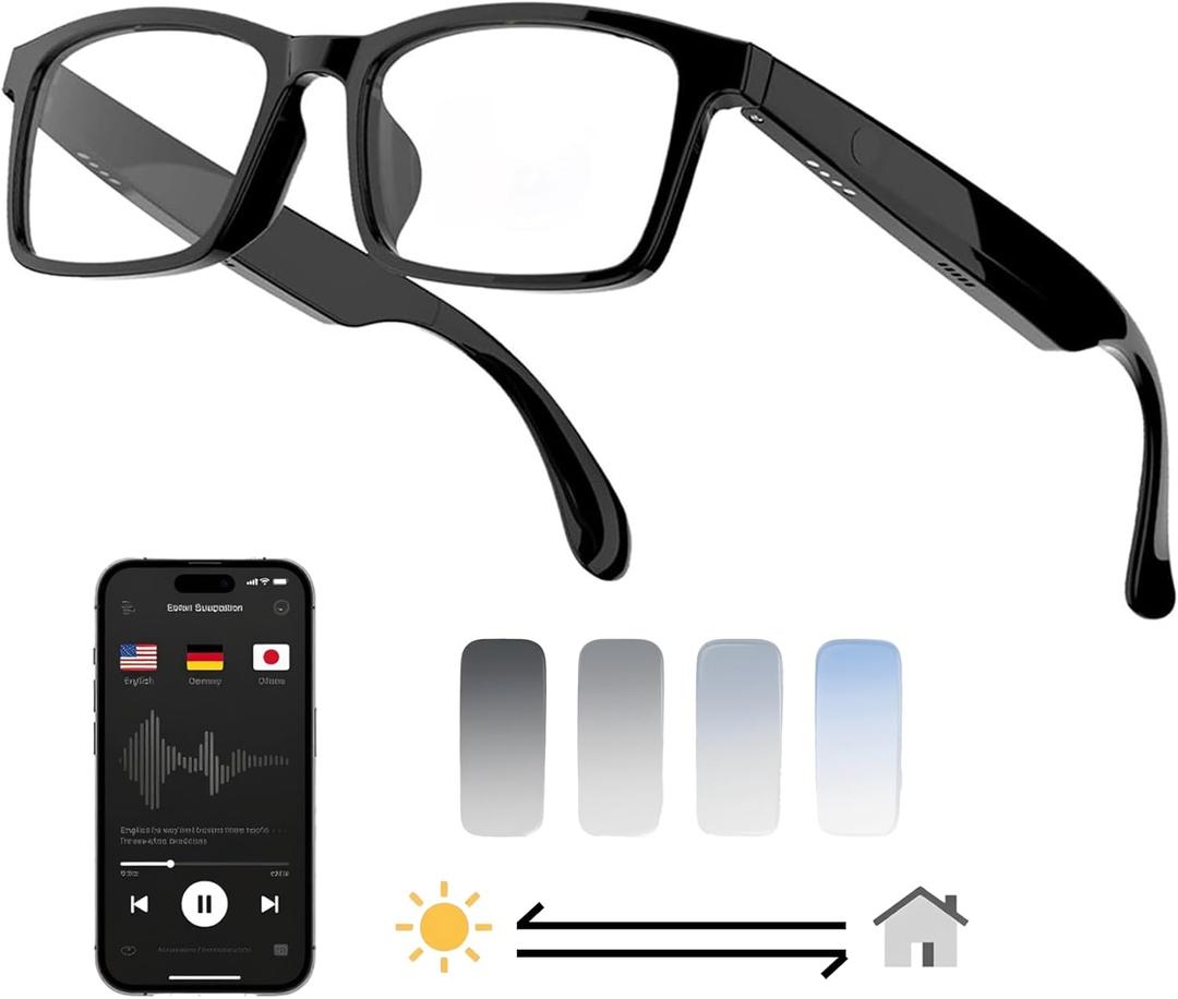 MNVOEQAI Translator Smart Glasses for Men/Women with138 Languages Translation Bluetooth Safety Glasses with Speakers for Men&Women Color Change Lens (AI+Black Frame+Color Change Lens)
