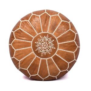 Moroccan Leather Handmade Pouf Ottoman Cover, Unstuffed Foot Stool, Round Boho Footrest for Living Room, Bedroom, Home Decor Gift (Tan By White)