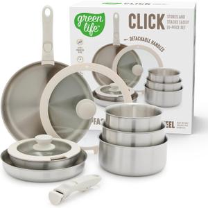 GreenLife 10 Piece Stainless Steel Pots and Pans, Detachable & Stackable Kitchen Set, Tri Ply Clad PFAS Free Cookware, Space Saving with Removable Handle, Induction & Oven Safe, RV Cookware, Glass Lid (Silver)