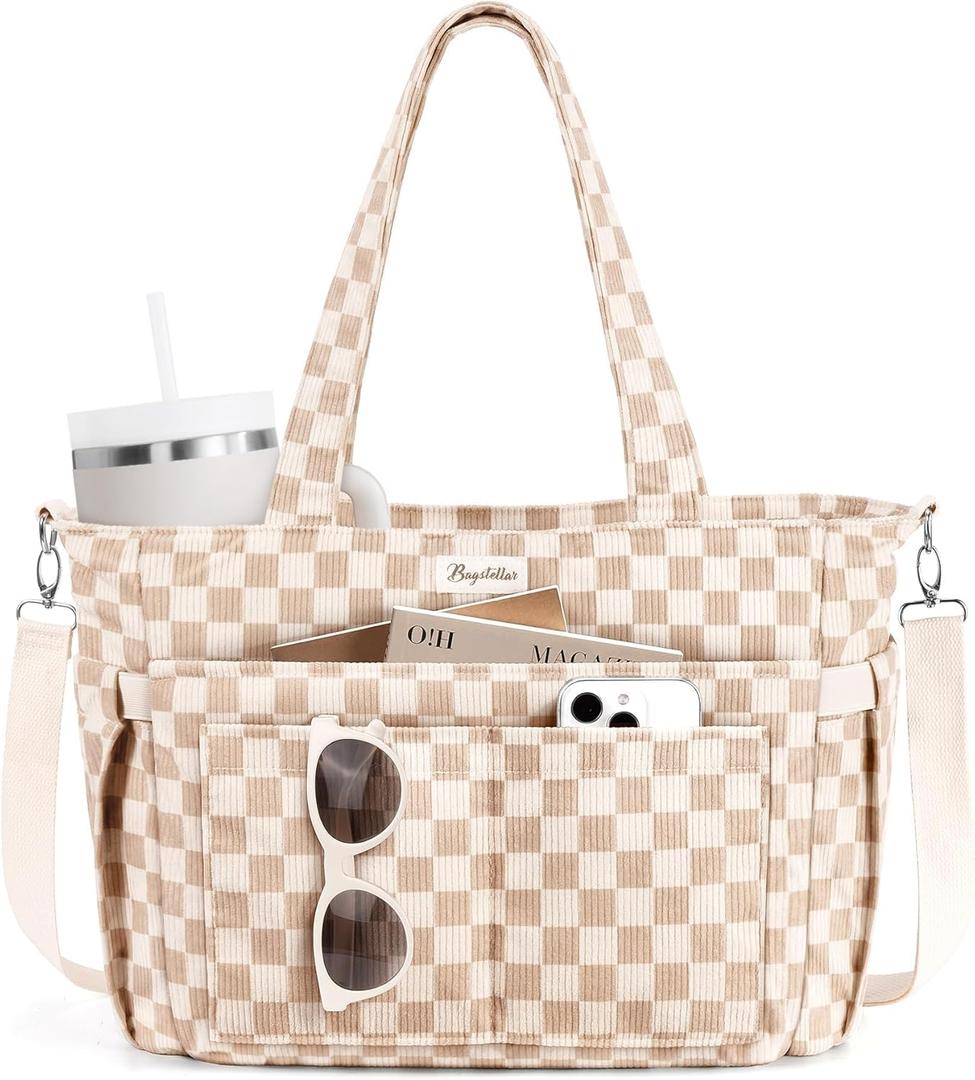 Bagstellar Corduroy Tote Bag for Women, 17 Pockets Laptop Work Tote Bag Lightweight Teacher Nurse Bible Bag for School Travel | with 40oz Cup Holder, Multi Compartment, Zipper Crossbody Bag, College Shoulder Bag, Daily Purse w/ Strap, Ideal Gift for Women (Beige Checkered)