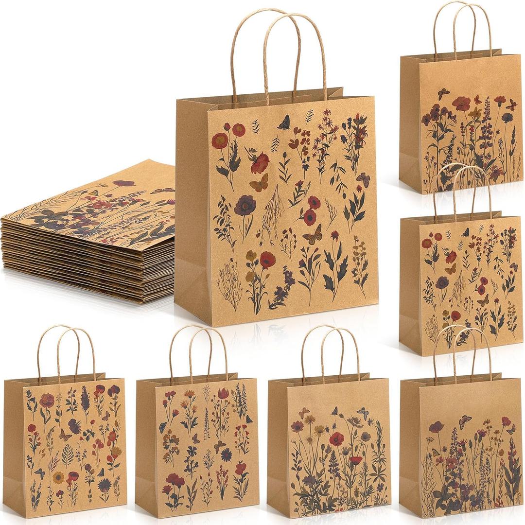 Kolldenn 24 Pcs Vintage Floral Wildflower Gift Bags Flower Kraft Paper Printed Candy Goodie Bags with Handles for Spring Party Supplies Wedding Baby Shower Birthday 8 x 3.9 x 9 in, 6 Styles