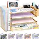 OPNICE Desk Organizer, 4-Tier Desktop File Organizer with Drawer and 2 Pen Holders, Office Desk Accessories, File Sorters, Workspace Organizers for Office Supplies(Gold)