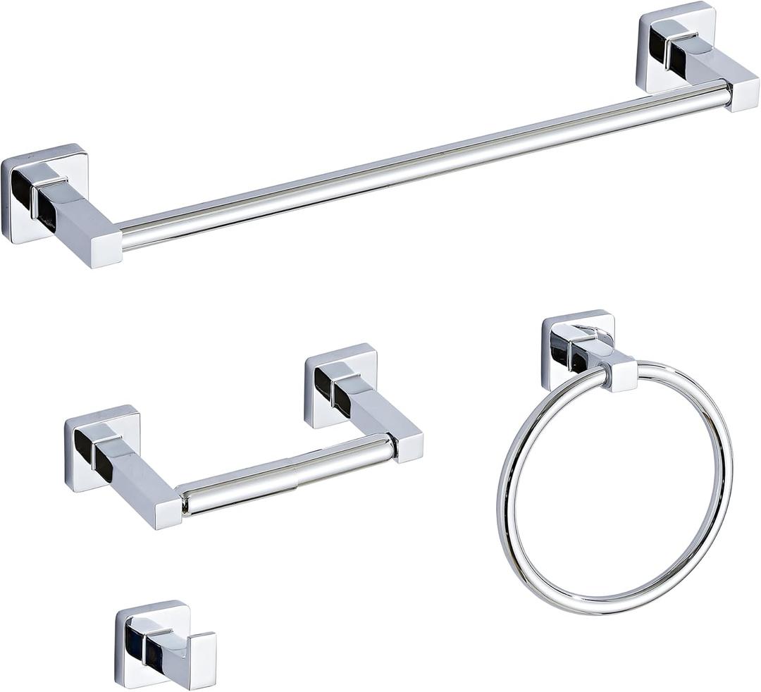 Chrome Bathroom Hardware Set 4 Pieces,Towel Bar Set Stainless Steel Wall Mounted, Includes 16In Hand Towel Bar, Towel Ring, Robe Towel Hooks,Toilet Paper Holder, Bathroom Towel Rack Set