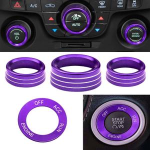 Control Knob CoversEngine Start Stop Sticker Volume AC Radio Switch Button Decal Trim Aluminum Alloy Rings Compatible with Dodge Challenger/Charger/Chrysler 300 300s (2015-2021) 4 pcs - Purple