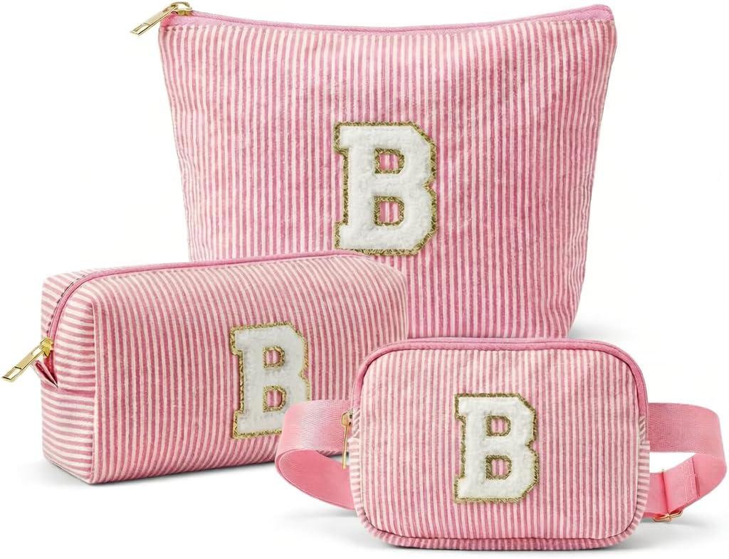 Personalized Initial Makeup Bag Set, 3pcs Monogram Makeup Bag with Large & Small Pouch and Waist Bag, Initial Makeup Bag Organizer for Travel, Luggage, Daily Use and Cute Gifts (B)