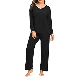 PrinStory Womens Pajamas Set Fall and Winter Ladies Pjs Long Sleeve 2 Piece Pajama Lounge Sets Black-S