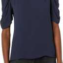 Amazon Essentials Women's Lightweight Georgette Half-Sleeve Ruffle Neck Woven Blouse (Navy)