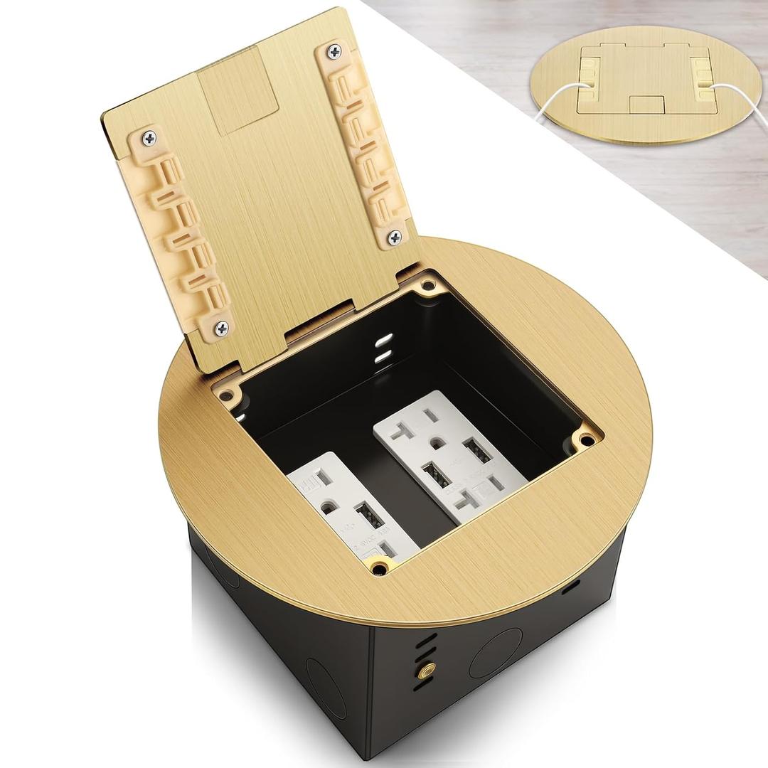 1 Pcs Recessed Floor Outlet 4. 72" x 4. 72" x 3. 94" 2-Gang with 4. 8a USB Chargers 20 Amp Floor Receptacles Round Hidden Outlet Kit Electrical Waterproof Box, Etl Listed (Brushed Gold)