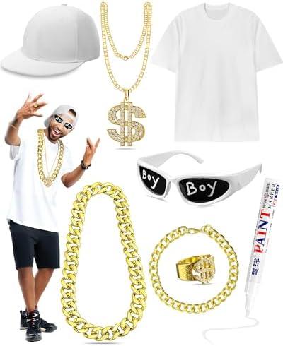 Maiteenly 8 Pcs Hip Hop Rapper Costume Kit 2000s 80s 90s Accessories Outfit for Men Women Adult M
