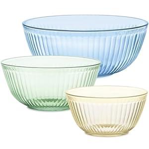 Pyrex Colors Tinted 3-PC, Unlidded Small/ Medium/ Large Glass Mixing Bowls, Nesting Space Saving Set of Bowls For Prepping and Baking, 1.3QT, 2.3QT & 4.5QT