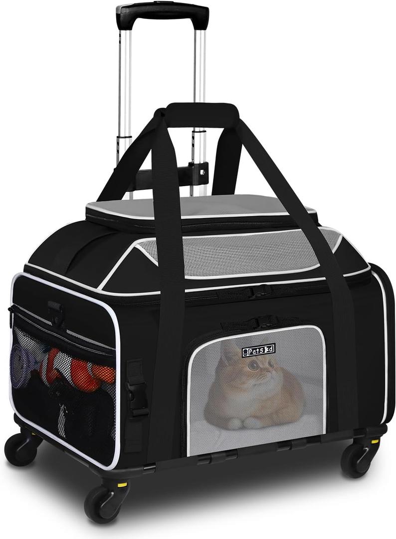 Petskd Top-Expandable Pet Carrier with Wheels 19x13x9 Inches Southwest Allegiant Airlines Approved, Soft-Sided Carrier for Small Dog Under 12 lbs and Large Cat Under 15 lbs(Black)