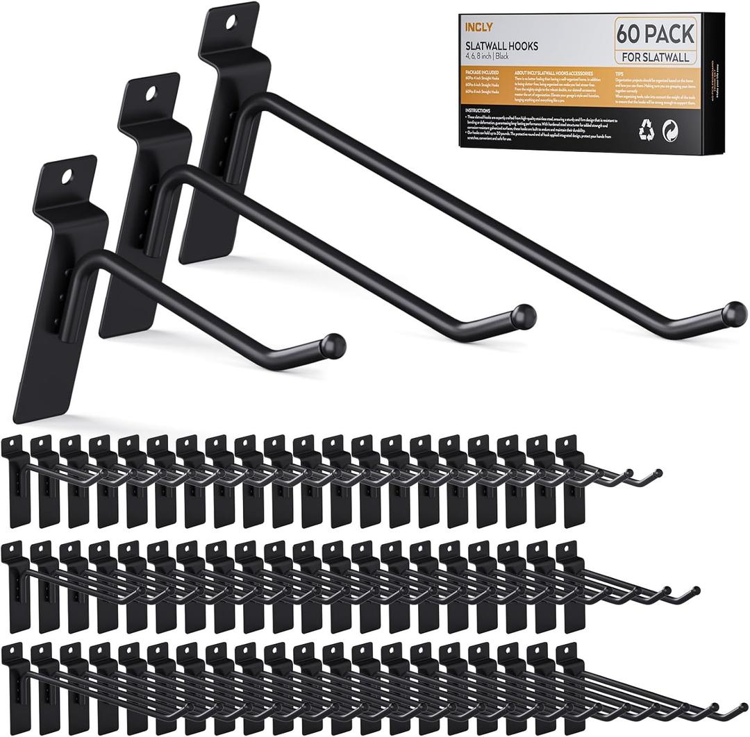 INCLY 60 Pack Slatwall Hooks, 4/6/8 Inch Heavy Duty Black Slat Wall Hanging Hook and Hanger, Slatwall Panel Accessories Assortment Display Hooks for Garages, Sheds, Basements, Retail Stores