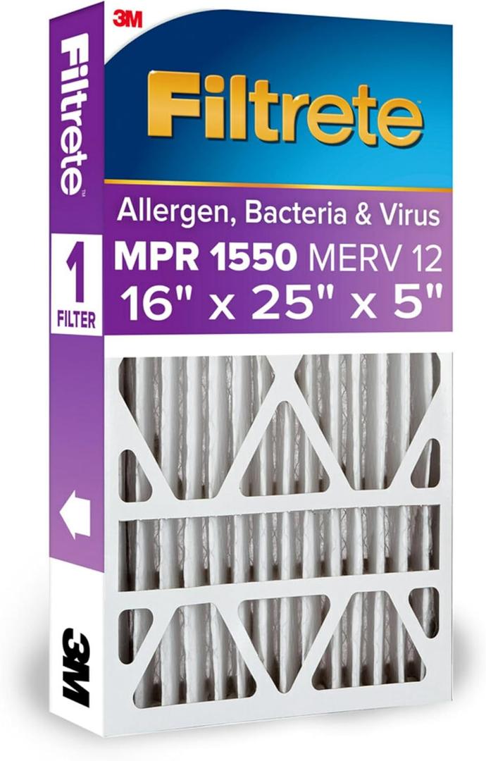 Filtrete 16x25x5 AC Furnace Air Filter, MPR 1550, MERV 12, Fit Trion Air Bear Furnace, Allergen, Bacteria & Virus, Electrostatic Air Cleaning Filter, 1-Pack (actual size 15.75 x 24.13 x 4.88) (4.9" x 24.1" x 15.6")