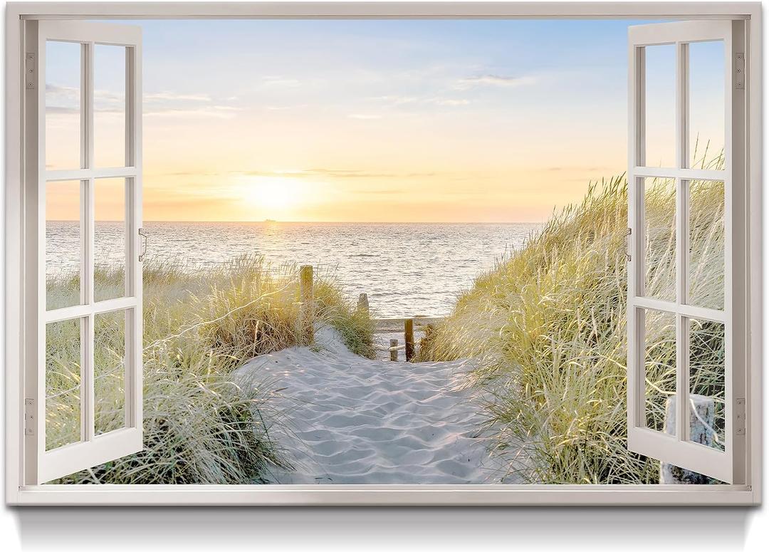 Open Window Canvas Wall Art: Sunset Coastal Beach Scene Picture Relaxing Ocean Sea Painting Modern Seascape Artwork Prints for Bedroom, 36"L x 24"W