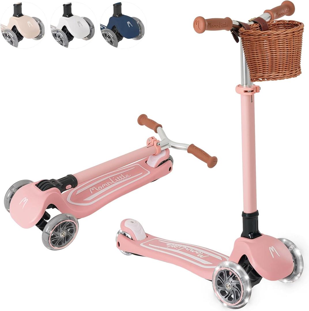MomnLittle Kick Scooter for Kids Ages 3-10 (Beige/Pink/Navy/White) 3 Wheeled with LED Light-Up Wheels CPSC Certified Foldable and 4 Height Adjustable Toddler Scooters for Boys Girls