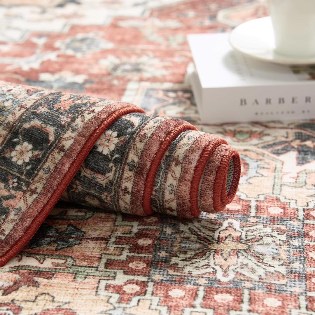 jinchan Washable Area Rug 6x9 for Living Room Ultra-Thin Soft Vintage Rug Low Pile Non Slip Distressed Rustic Carpet Oriental Medallion Large Rug for Bedroom Dining Room Nursery Room Terra Red Multi