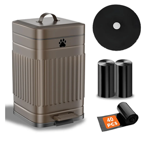 Dog Poop Trash Can Outside, 5L/1.3Gal Metal Dog Waste Trash Can with Lid, Foot Pedal, Pet Waste Container with 40 Bags, Poop Bucket with Lid Soft Close for Pet, Brown