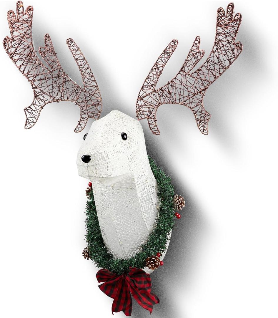 Lighted Christmas Wall Decor Reindeer Head, 39" Rudolph Hanging Wreath Decoration, Light Up Christmas Front Door Window Indoor Outdoor Festive Xmas Holiday Decor