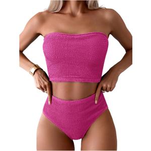 OYOANGLE Women's 2 Piece Strapless Swimsuit High Waisted Smocked Bandeau Bathing Suit (Hot Pink), Small