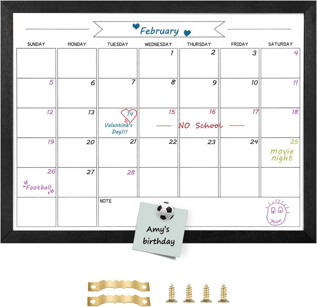 Dry Erase Monthly Calendar Whiteboard, Magnetic Whiteboard for Wall, Solid Pine Wood Black Framed Message BoardHanging Board for Office, Home School, 17.7"x 23.6"(YL-BK-4560-B)