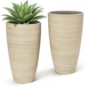 ZMTECH 2-Pack Large Tall Planters with Saucer - 6.8 Gallons /12x21 Inch Faux Stone Finish Round Flower Pots for Indoor Plants, Outdoor Patio & Porch Decor, Unbreakable Plant Containers Beige