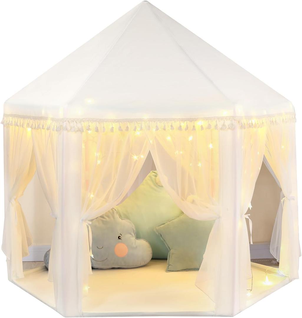 Monobeach White Princess Tent Girls Tassel Decor Large Playhouse Kids Castle Play Tent with Star Lights Toy for Children Indoor and Outdoor Games, 55'' x 53'' (White Princess Tent with Tassel)
