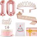 10th Birthday Decorations for Girls, Include 10th Birthday Sash and Tiara, Cake Topper and Candles, Number Balloons, 3D Pop Up Greeting Card, 10 Year Old Gifts for Girls