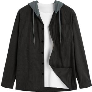 ZAFUL Men's Hooded Flannel Shirts Long Sleeve Casual Fashion Button Shirts Loose Drawstring Shacket for Spring Autumn (S)