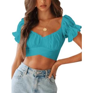 LYANER Women's Ruffle Short Sleeve Tie Up Back Crop Top Off Shoulder Bardot Blouse, Size XS