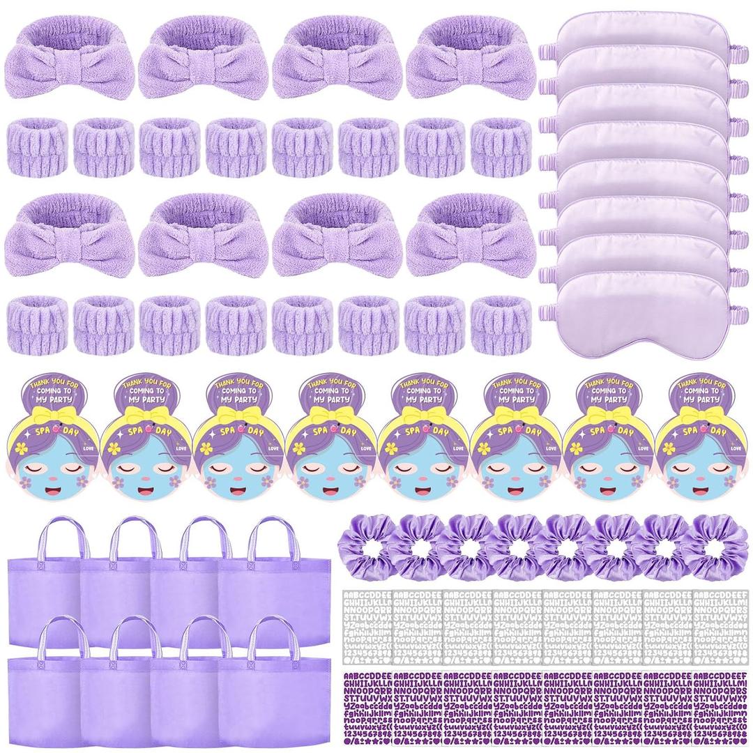 72 Pcs Spa Sleepover Party Supplies for Girls With DIY Stickers And Greeting Card Purple Headband Wristbands Eye Mask Hair Scrunchie Tote Bag Sleeping Slumber Party Favors