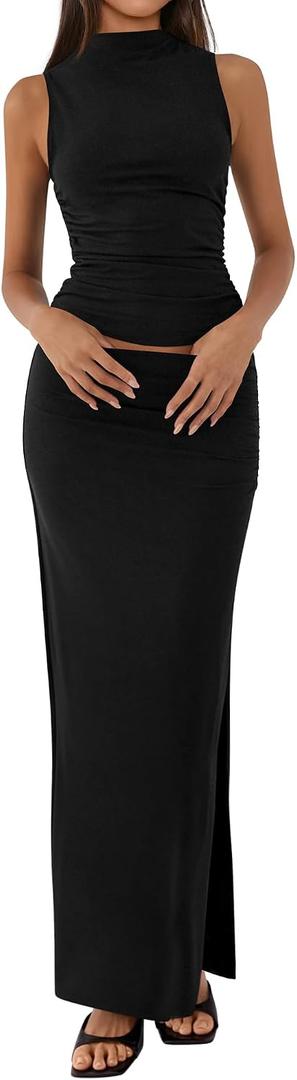 BTFBM Womens Two Piece Outfits Summer Lightweight 2026 Mock Neck Sleeveless Knit Tops Maxi Skirt Set Going Out Dress (Black, L)