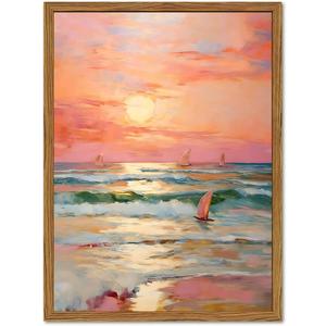 Framed Pink Coastal Canvas Wall Art, Beach Sunset Sailboat Pictures Wall Decor, Pastel Ocean Landscape Paintings Prints Beachy Home Decor for Living Room Bedroom Bathroom Dorm 16x24 inch