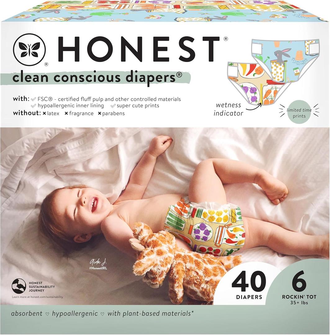 The Honest Company Clean Conscious Diapers for Sensitive Skin | Hypoallergenic, Fragrance Free | Spring '25 Limited Edition Prints | Club Box, Size 6 (35+ lbs), 40 Count