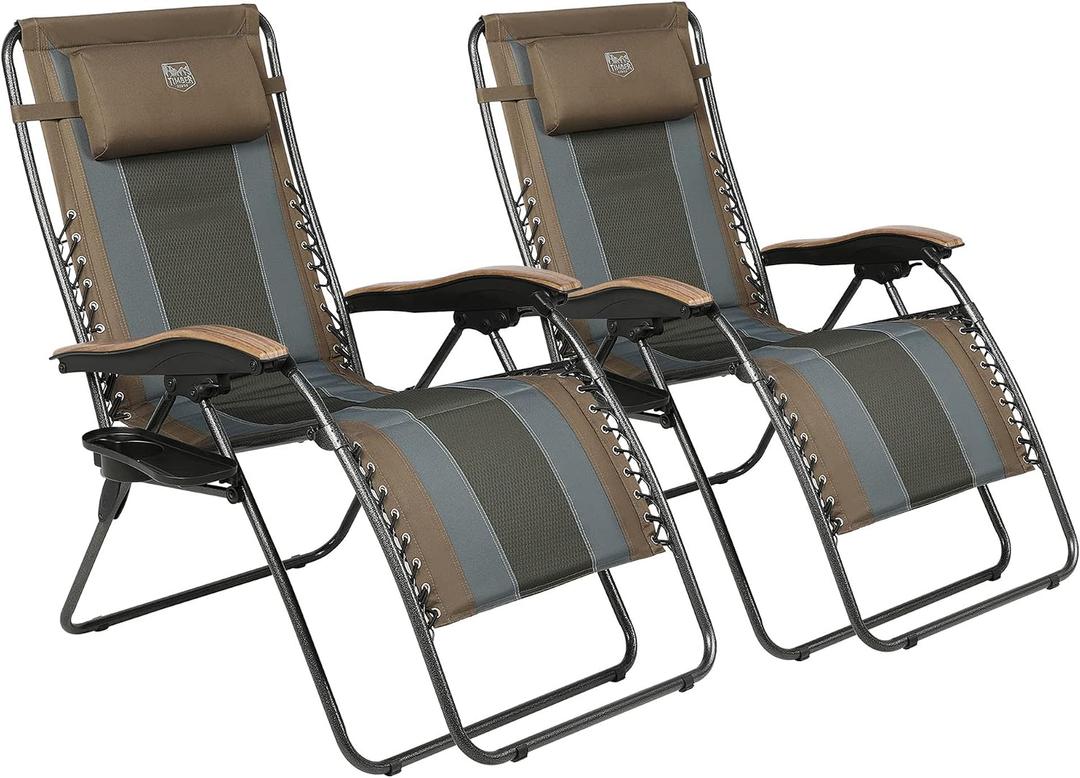 TIMBER RIDGE Outdoor Reclining Padded with Adjustable Headrest and Cup Holder Foldable Zero Gravity Lawn Chair for Adults, Supports 350 LBS, Brown-2 Pack