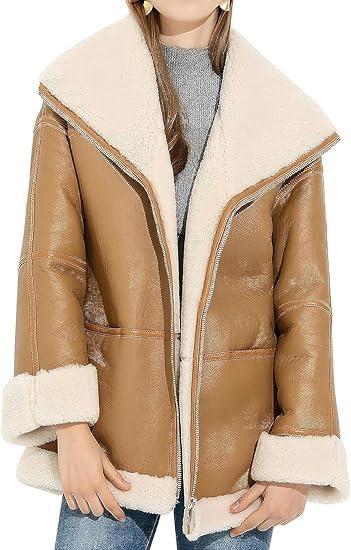 Women Aviator Pilot Leather Jacket - Genuine Sheepskin Shearling Moonlight Faux Fur - Stylish Winter Fashion, Small 