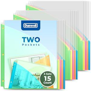 Dunwell Plastic Binder Pocket 3 Hole Punched (3 Sets, 15 Count) Slash File Jackets for 8.5x11 Paper, Project Sleeves for 3 Ring Binder, No Tab, 5 Color Dividers with Front & Back Pockets