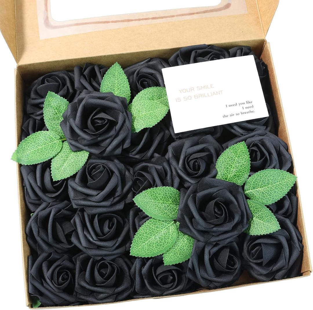 Meldel Artificial Flower 25pcs Real Touch Black Rose Fake Foam Roses with Stems for DIY Wedding Bouquets Gifts Bridal Shower Faux Floral Centerpieces Arrangements Home Party Tables Decorations