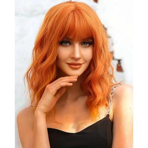 12 Inch Short Wavy Wig with Bangs Short Orange Bob Wigs for Women Wavy Bob Wig with Bangs Synthetic Natural Looking Heat Resistant Wigs