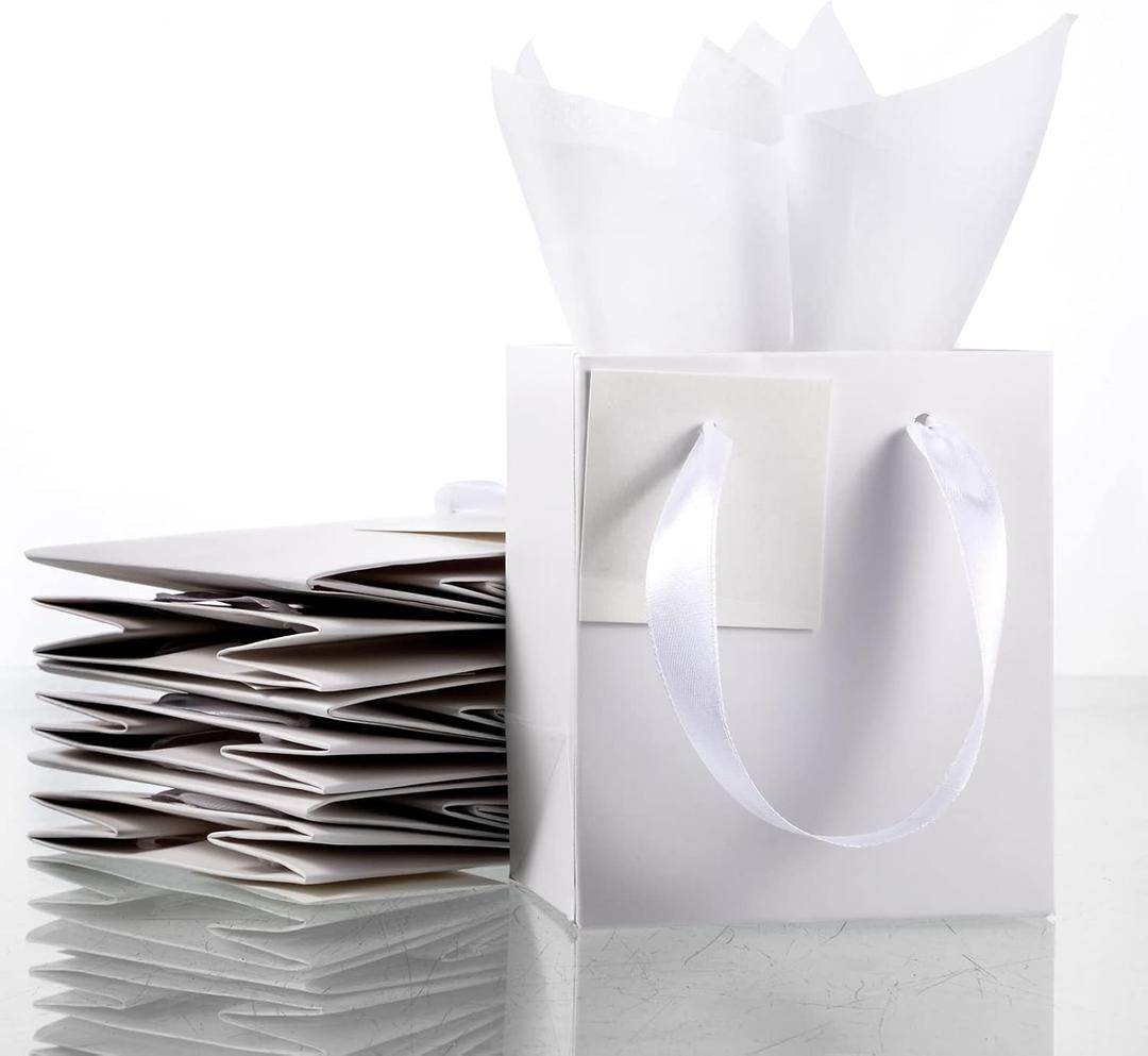 Tenare 12 Pcs Small Gift Bags Mini Paper Bag with Handle Tissue Happy Mother Father's Day Party Favor Supplies(4 x 2.75 x 4.5 Inch,White)