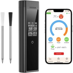 Smart Wireless Meat Thermometer Digital, 2 Probes, Advanced Bluetooth Food Thermometer for Cooking, IP67, Real-Time Monitoring & Smart Alerts with APP for BBQ, Grill, Oven, Smoker, Kitchen Gifts (Black)