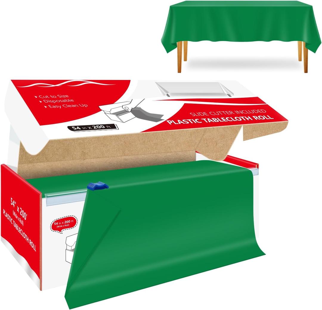 54 Inch x 200 Feet Green Plastic Tablecloth Roll Cut to Size Disposable Table Cover with Cutter Box Plastic Table Cloth for Party, Wedding, Birthday